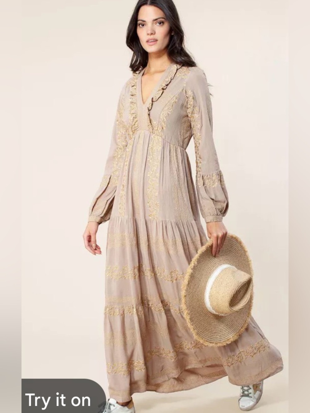 Hale Bob Leighton Taupe & Gold Maxi Dress with Lace Trim